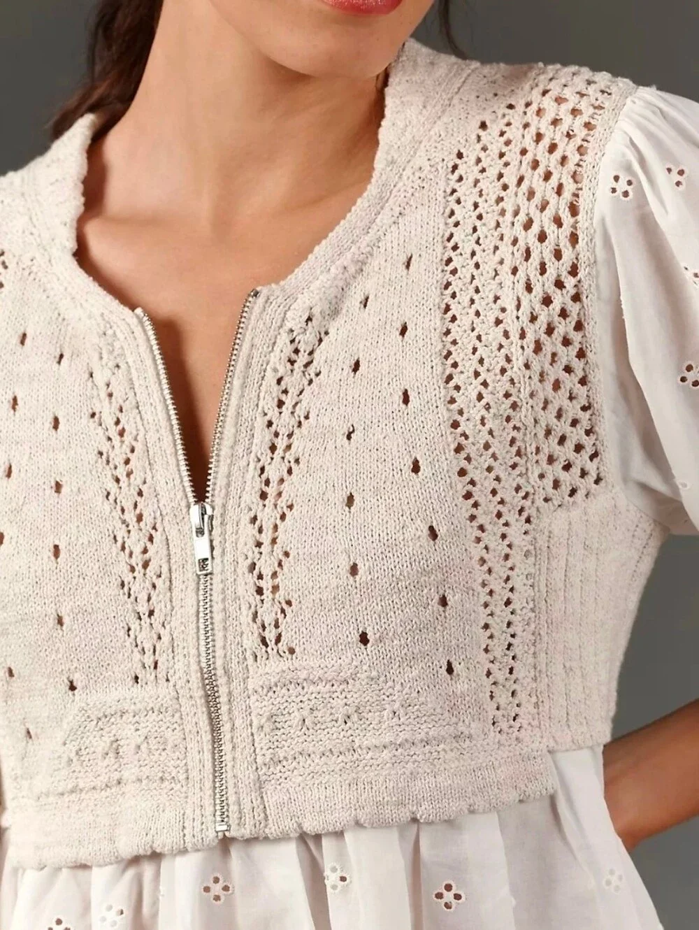Anthropologie Half-Zip Sweater Vest Eyelet Knit  Blouse Cream Sz XLarge NWT$148